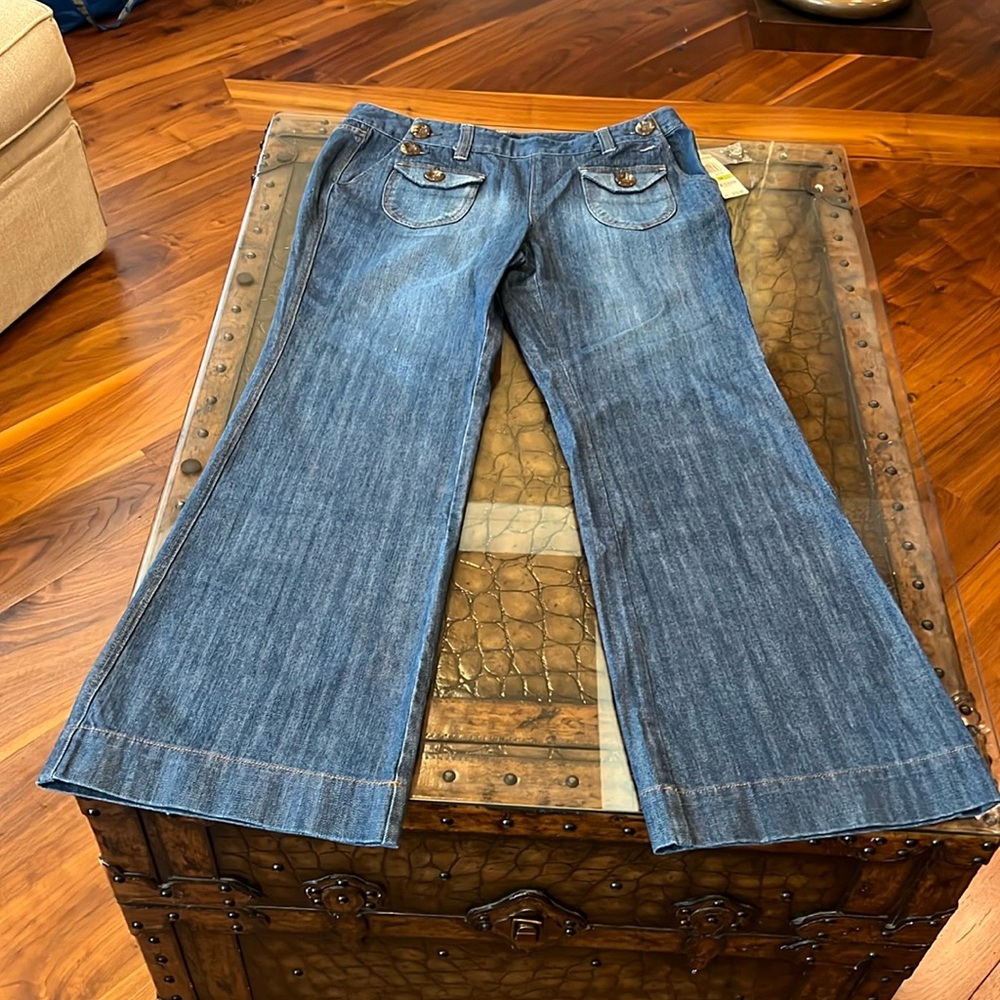 INC International Concepts Flare Blue Jeans Wide Leg Mid Rise Flap Pockets